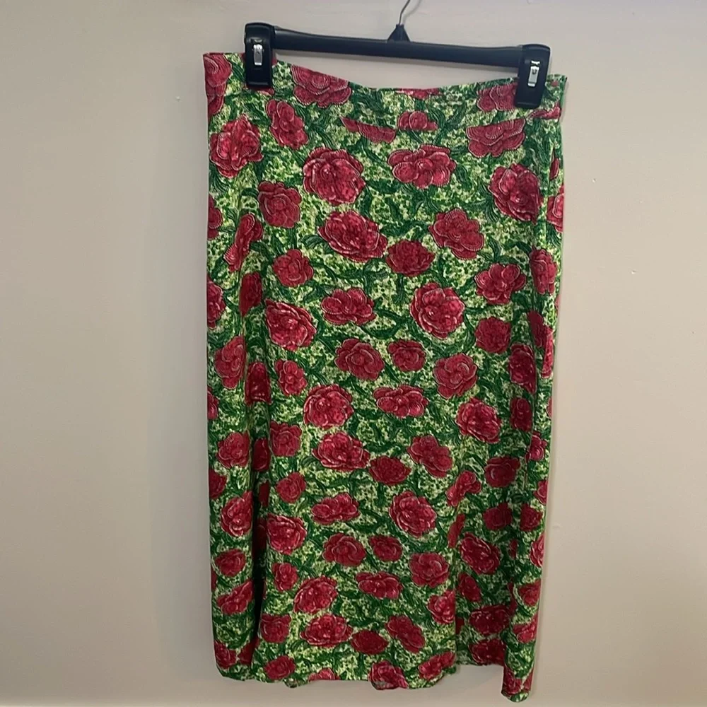 Halogen A-Line Side Slit Midi Skirt In Carmine Roses/Green Womens Size S - Picture 6 of 11